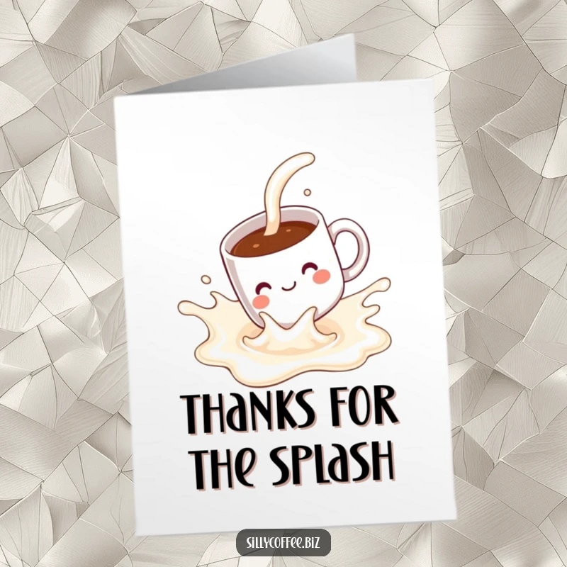 Funny Free Printable Thank You Card: A pleased kawaii coffee mug sliding down a milk splash, humorous downloadable.
