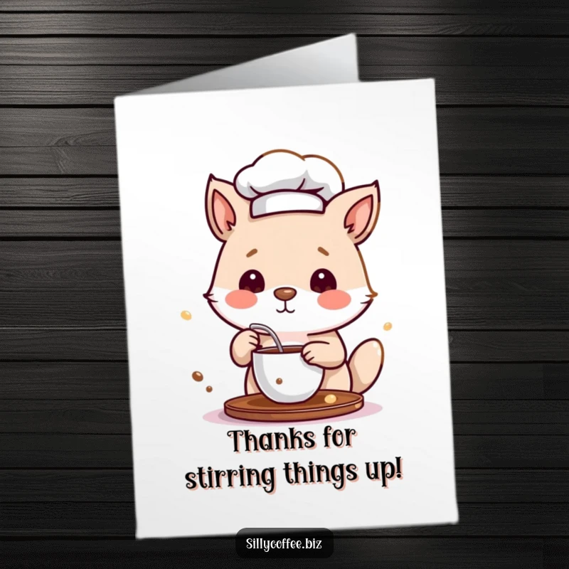 Funny free printable thank you card: An adorable animal chef playfully stirring a coffee mug, showing sincere appreciation.
