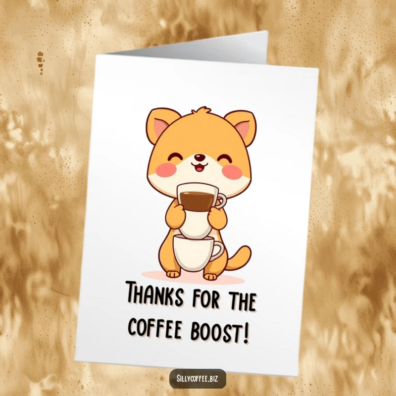 Funny free printable thank you card: An amused animal carefully balancing an enormous stack of coffee cups, expressing thanks.