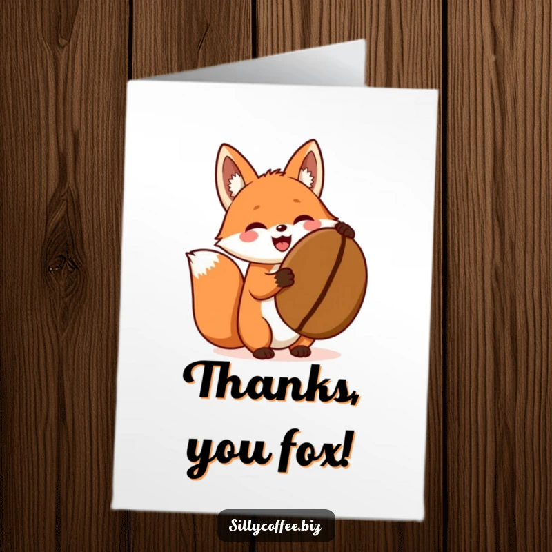 Funny Free Printable Thank You Card featuring an excited kawaii fox holding up a giant coffee bean, thankful for your support.