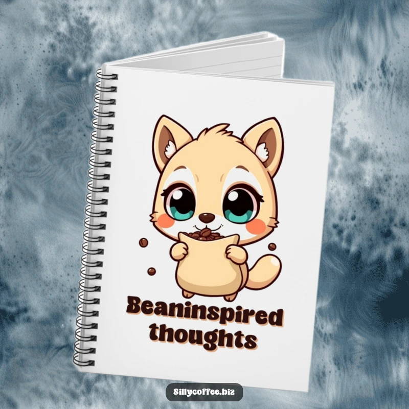 Funny Notebook with an animal character energetically shaking a coffee bean bag, great for brainstorming coffee-fueled ideas, a humorous and energetic gift.