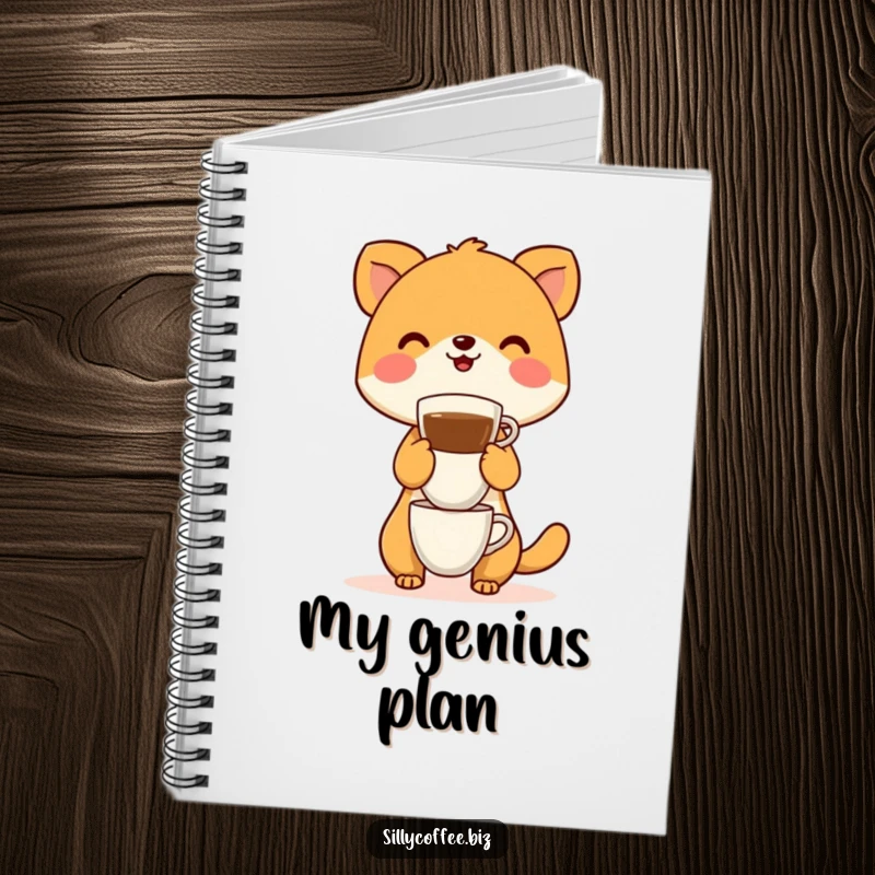 Funny Notebook cover with a happy animal balancing a large stack of coffee cups, perfect for note-taking amusement.