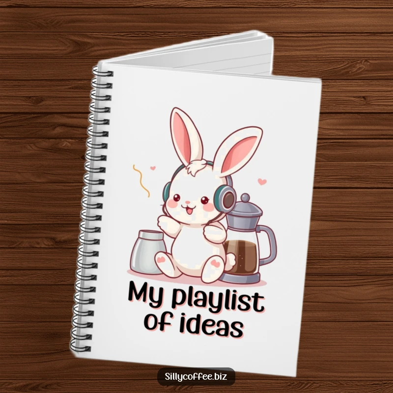 Funny notebook with a kawaii bunny wearing headphones, enjoying coffee, ready to capture brilliant ideas and musical musings.