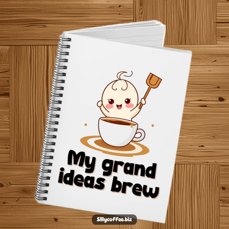 Funny kawaii coffee stirrer doing a happy jig in a coffee puddle, decorating the cover of a handy notebook.