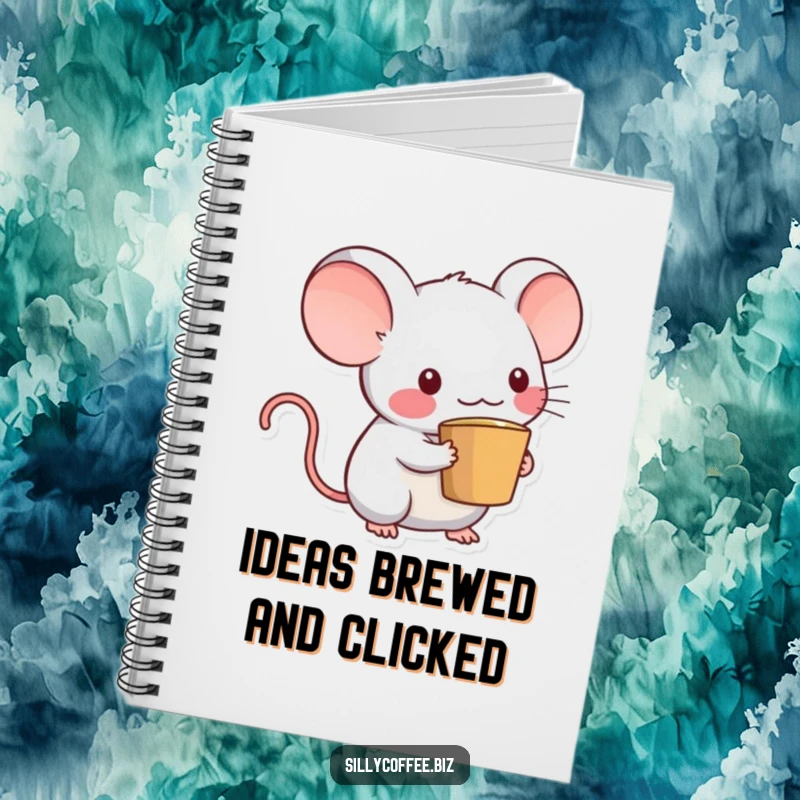 Funny Kawaii computer mouse character with a coffee cup tail peeking from a notebook, perfect for journaling and sketching.