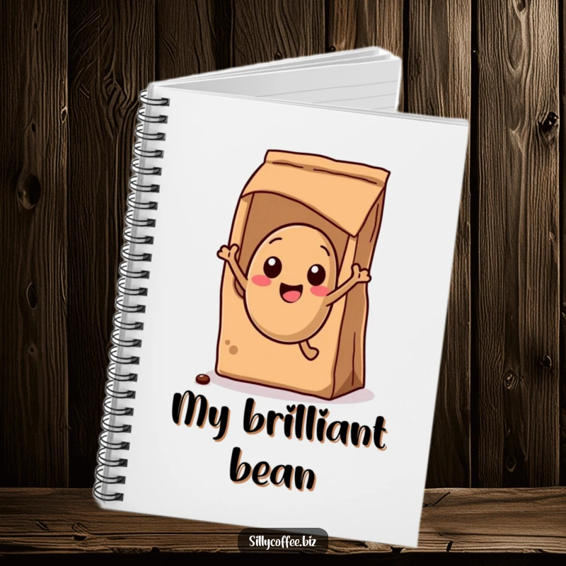 Funny Notebook: A kawaii coffee bean in mid-jump, bursting with excitement from a coffee bag.