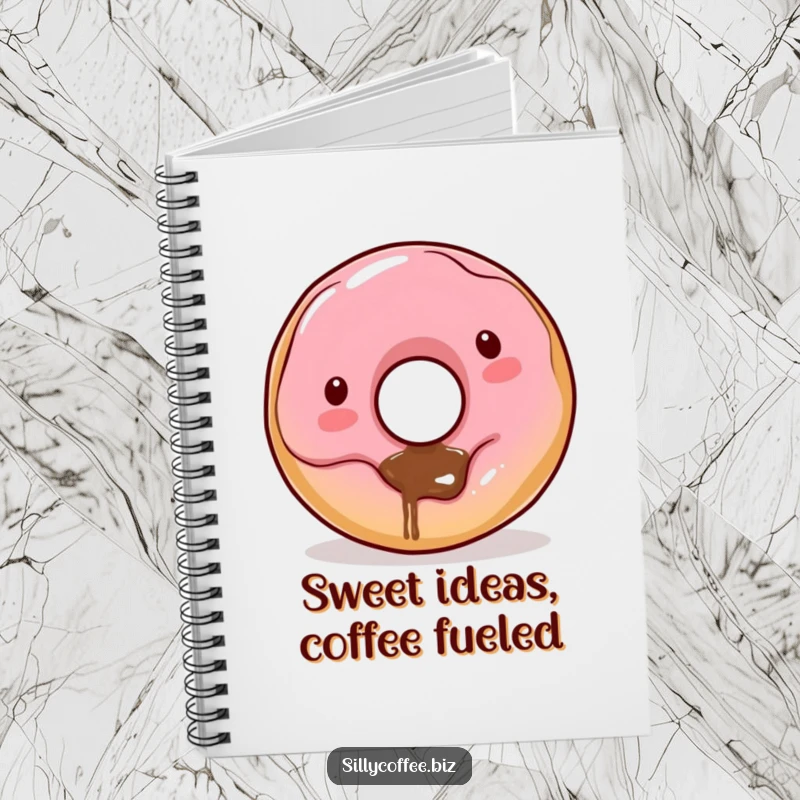 Funny Kawaii donut character with coffee dribbling from its hole, featured on a notebook, perfect for creative notes.