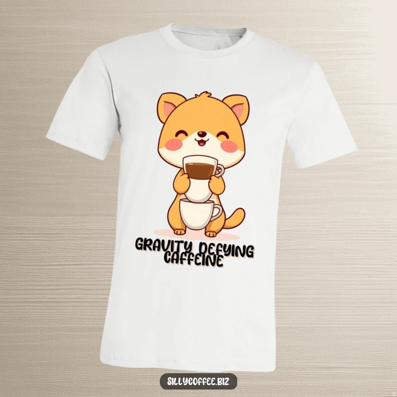 Funny T-Shirt with a joyful animal character struggling to keep a massive stack of coffee cups from toppling over.