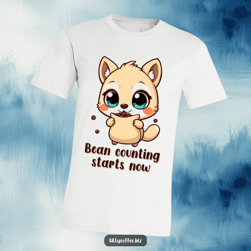 Funny T-Shirt with an animal character having wide, energetic eyes shaking a coffee bean bag, perfect for coffee enthusiasts, a fun gift.