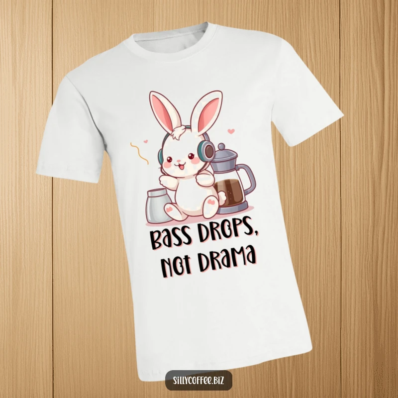 Funny t-shirt featuring a kawaii bunny wearing headphones, dancing near a coffee pot, radiating pure joy and musical bliss.