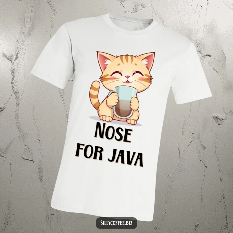 Funny t-shirt featuring a kawaii cat with intense focus, attempting to balance a coffee mug on its nose, showcasing a comical struggle.
