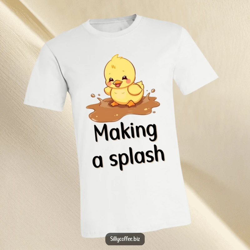 Funny t-shirt featuring a kawaii duckling joyfully splashing in a spilled coffee puddle, conveying pure, unadulterated fun and silliness.