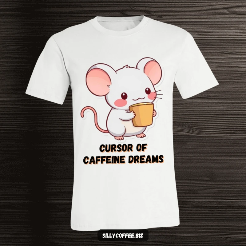 Funny Kawaii computer mouse character sporting a coffee cup tail, looking cheerful and ready for work, a fun t-shirt.