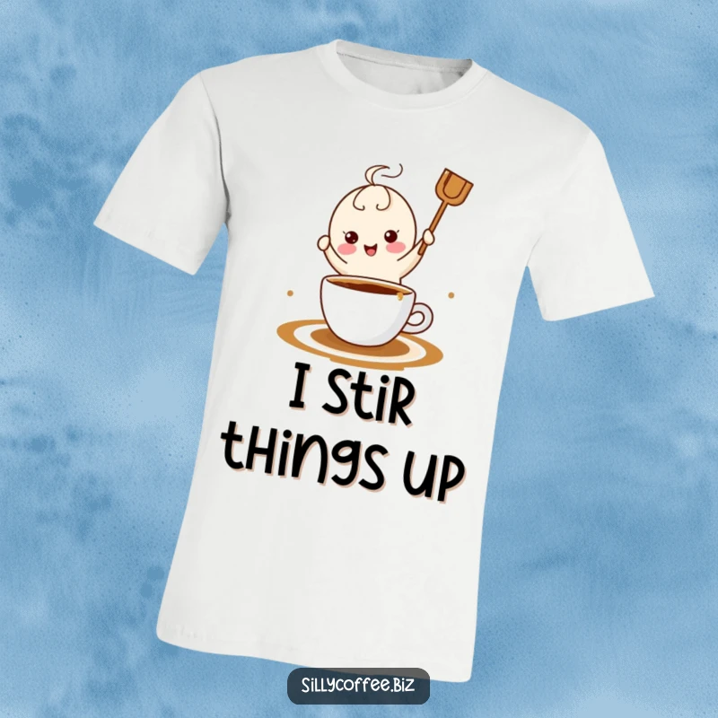 Funny kawaii coffee stirrer doing a happy dance in a coffee cup graphic on a comfortable t-shirt.