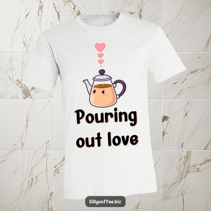 Funny T-Shirt: A cute kawaii coffee pot character pouring out steam shaped like hearts, full of love.