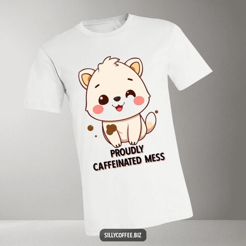 Funny T-Shirt depicting a happy animal character with a noticeable coffee stain on its fur, smiling contentedly.