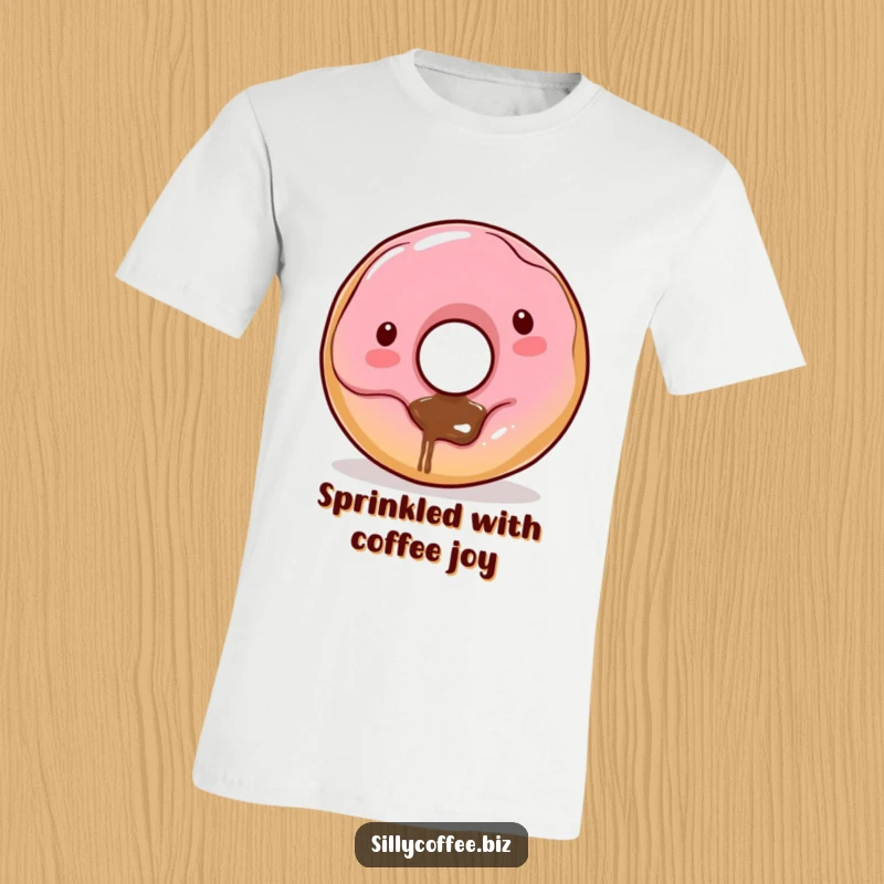 Funny Kawaii donut character with coffee dribbling from its hole on a soft t-shirt, expressing a love for treats.
