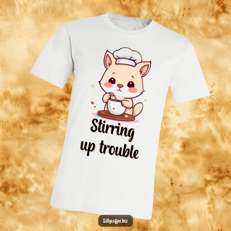 Funny T-Shirt featuring a cute animal character in a chef hat, humorously stirring a steaming cup of coffee.