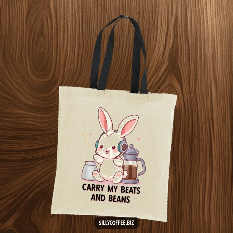 Funny tote bag with a kawaii bunny enjoying music near a coffee pot, perfect for hauling groceries or coffee beans with style.