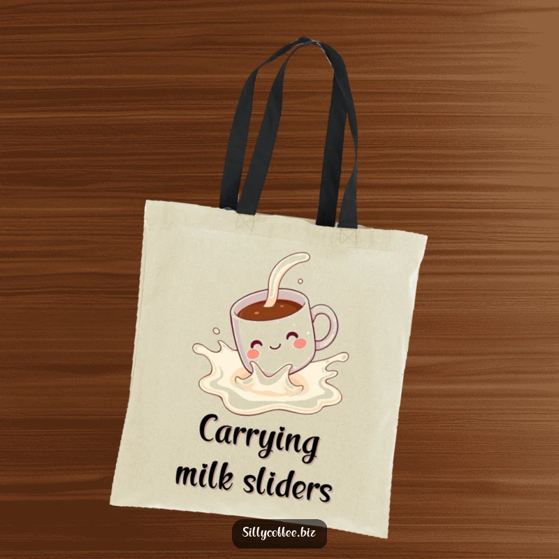 Funny Tote Bag: A kawaii coffee mug with a pleased face, joyfully sliding down a splash of milk.