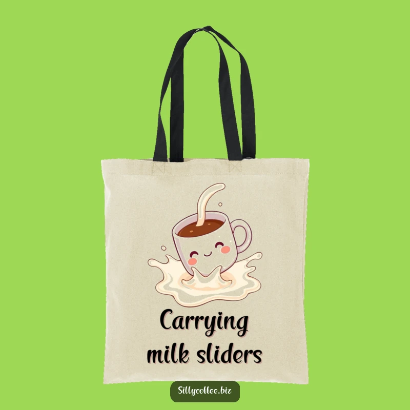 Sliding Mug Funny Tote Bag: Kawaii Milk Splash Design, Playful Carryall Gift