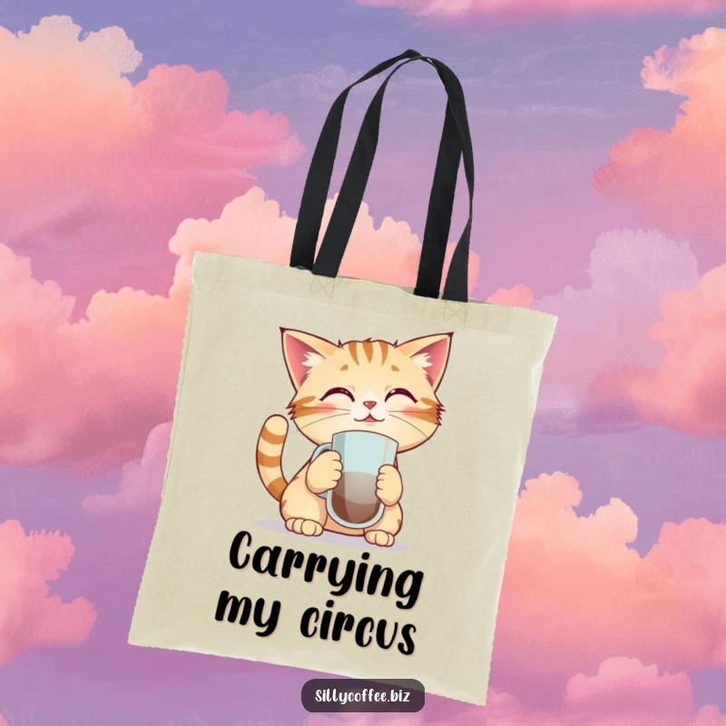 Funny tote bag showcasing a determined kawaii cat balancing a coffee mug on its nose, perfect for carrying daily necessities with humor.