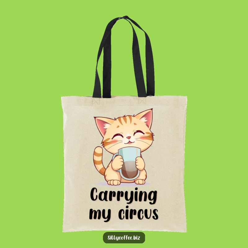 Funny Kawaii Cat Tote Bag - Balancing Coffee Mug Carryall