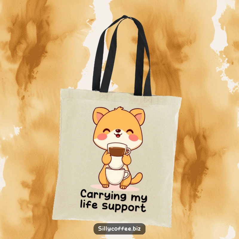 Funny Tote Bag illustrated with a happy animal character attempting to balance a precarious tower of coffee cups.