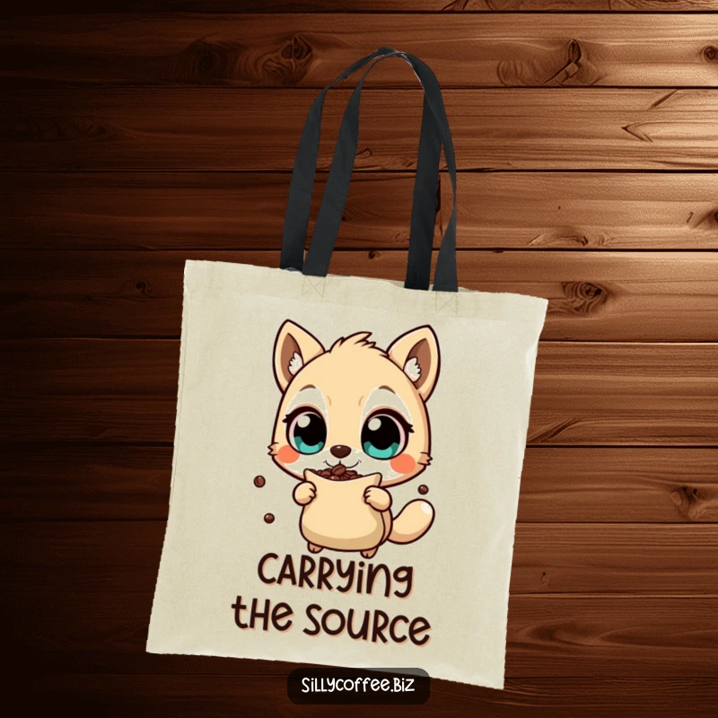 Funny Tote Bag with an animal character shaking a coffee bean bag, perfect for carrying essentials with a humorous coffee theme, a practical gift.