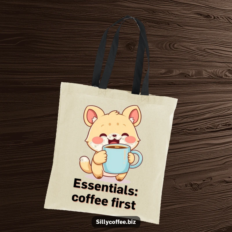 Funny Tote Bag with a cute animal character holding a steaming coffee mug, perfect for carrying necessities with a smile, a practical gift.