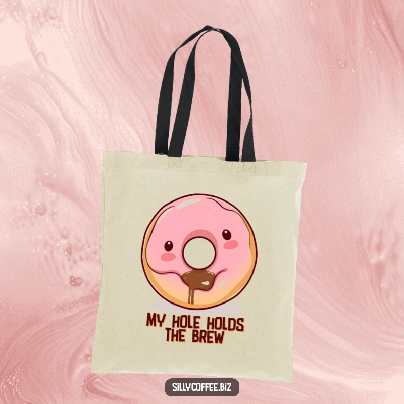 Funny Kawaii donut character with coffee dribbling from its hole, displayed on a durable and humorous tote bag.