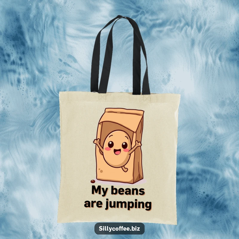Funny Tote Bag: A cute kawaii coffee bean character energetically jumping out of a coffee bag, ready for action.